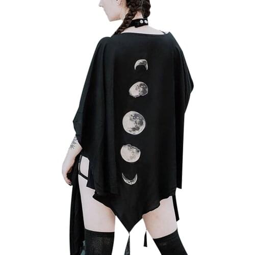 Women Cosplay Cape Girls Moon Print V-Neck Half Sleeve Mantle Cloak with Tassels for Halloween Party Role-Play Black