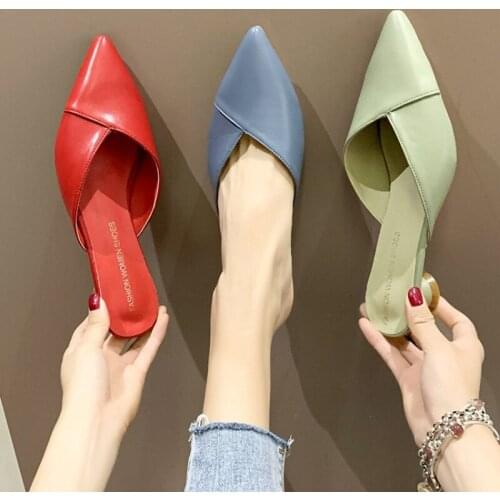 Women Slippers Sandals 2021 Summer Pointed Toe High Heels Elegant Temperament Mules Slippers Ladies Candy Color Outside Slippers