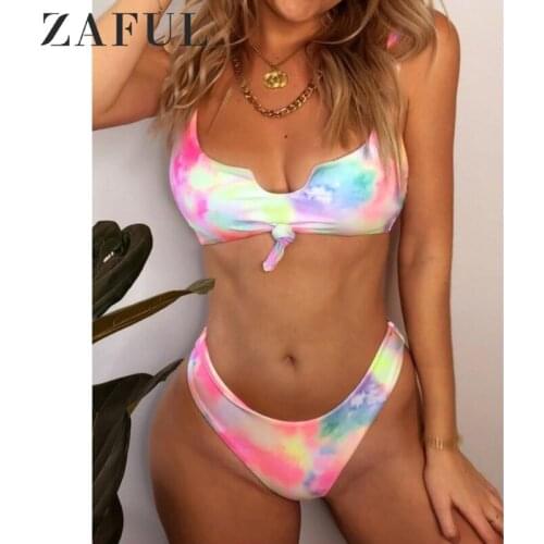 ZAFUL Tie Dye Knotted High Leg Tank Bikini Swimsuit High Cut Notched Bikini Swimwear Padded Women Bikini Two Pieces Swimsuit New