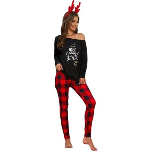 Womens Sleep Top Christmas Pants Suit Round Collar Letters Plaid Print Loose Elastic Home Clothes