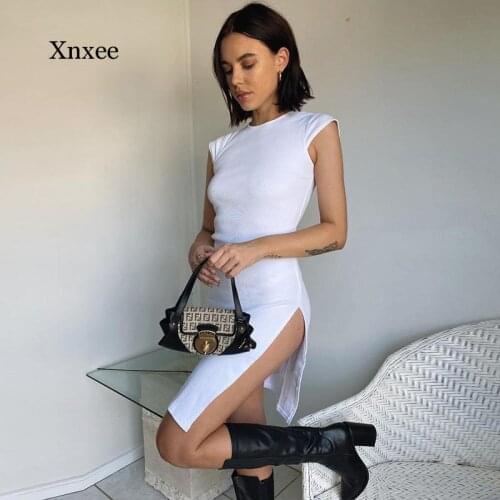 White Hight Split Hem Bodycon Dress Women Short Sleeve Summer Fashion Sexy Women Party Dresses Commute Slim Elasti Clothes