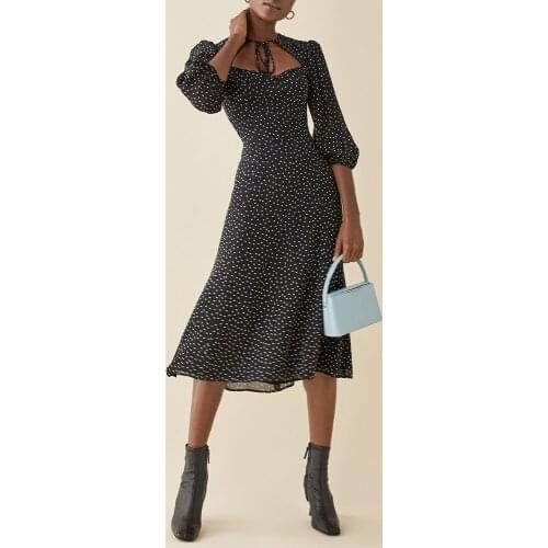 Dresses For Women 2021 Spring Autumn Office Lady 3/4 Sleeve Polka Dot Midi Dress Woman Sweetheart Neck Tie Vintage Elegant Dress
