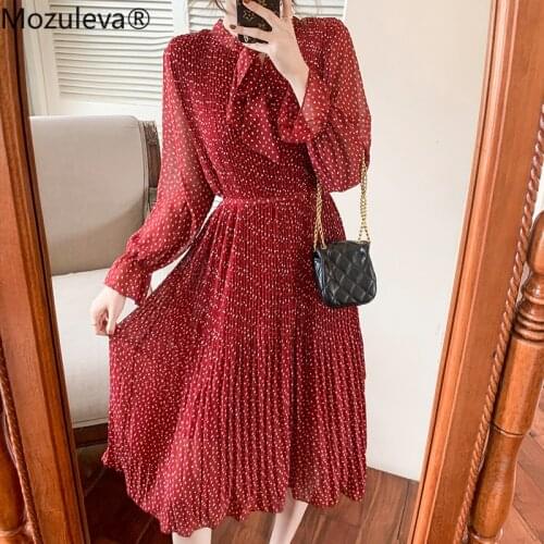 Mozuleva Stylish Chic Scarf Collar Loose Women A-line Dress Spring Ladies Floral Vestidos Elastic Waist Lace-up Female Dress