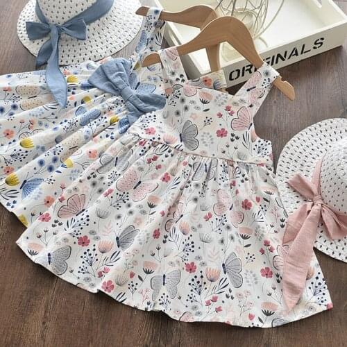 2pcs Clothes Sets Kids Sleeveless Birthday Party Princess Beach Costume Print Floral Summer 2021 Baby Girls Dresses With Hat