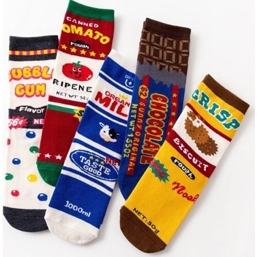 5 Pair Fashion Women Sock Funny Cute Cartoon Snack Milk Biscuits Chocolates Tomato Food Happy Japanese Harajuku Skateboard Socks