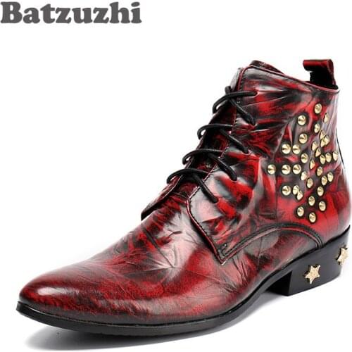 Batzuzhi Autumn Winter Men Boots Warm Fashion Pointed Toe Leather Boots Men Wine Red Heels with Stars Zapatos Hombre, EU38-46