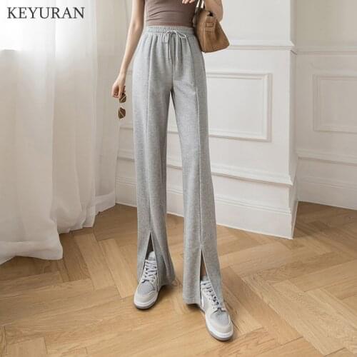 Straight split Wide Leg Pants Women Lace-up Korean Loose Sweatpants Elastic waist Female Summer Long Trousers Streetwear Fall