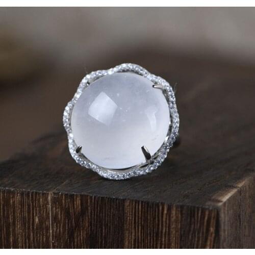 FNJ Albite Jade Ring 925 Silver Adjustable Size 100% Original Real S925 Solid Silver Rings for Women Jewelry