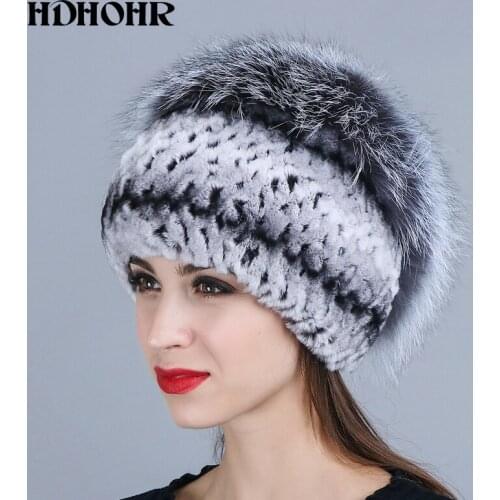 HDHOHR 2020 New Real Fur Hats Genuine Rex Rabbit Fur Cap Silver Fox Fur Beanies Hats Women Winter Thick Warm Headwear Hats