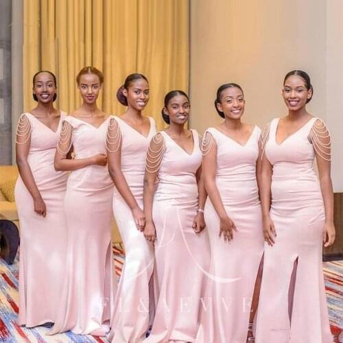 Fashion Pink Satin Mermaid Bridesmaid Dresses Beading Pearl Wedding Party Gowns Side Split Women Occasion Dress Plus Size Dress