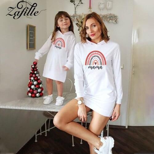 ZAFILLE Mother and Daughter Clothes Rainbow print Hoodies Dress Mom And Daughter Family Matching Clothes Mommy And Me Clothes
