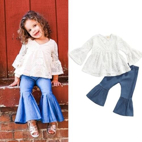 Autumn Infant Kids Girls Clothes Sets 2pcs Lace Floral Long Ruffles Sleeve T Shirts+Denim Flare Pants 1-5Y