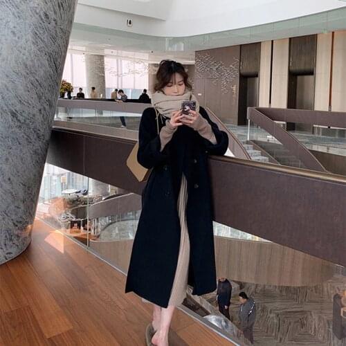 Black Lace-up Double-sided Woolen Coat Womens Temperament Mid-length Over The Knee Handmade Double Breasted Trend Woolen Coat