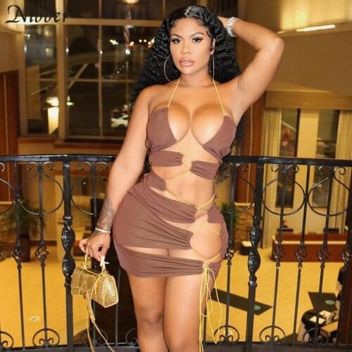 Nibber Sexy Sleeveless Halter Skinny Two Pieces Set Women Nightclub Backless Crop Top And Bodycon Hollow Out Mini Skirt Suit