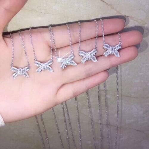 14K Gold Bowknot Diamond Pendant Real 925 Sterling Silver Party Wedding Pendants Necklace For Women Charm Engagement Jewelry