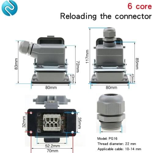 Rectangular plug heavy-duty connector he-06-5 6-core side ejecting base with cover high base with cover aviation plug 16A