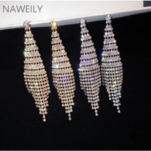 Luxury Full Rhinestone Long Earrings Fashion Gold Silver Color Tassel Earring For Women Party Accessories Jewelry Gifts Female