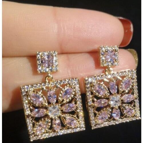 S925 Sterling Silver Studs Luxury Classic Square Style CZ Crystals Pendant Gold Earrings Wedding Women Jewelry