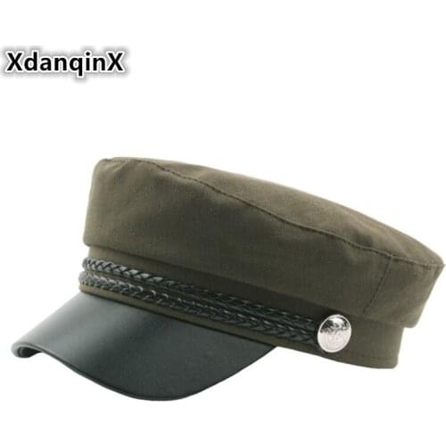 XdanqinX Adult Womens Simple Retro Fashion Cotton Linen Military Hats Leather Rope Button Decoration Flat Top Hat Student Caps