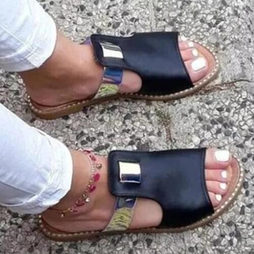 2021Women Metal Summer Fashion Slippers Female Casual Comfort Outside New Slides Ladies Open Toe Platform Flat Plus Size 35-43