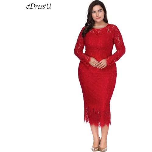 EDressU Plus Size Mid-Calf Evening Party Dress Long Sleeves Lace Sheath Dress High Quality Women Black Formal Dress SQ-0082
