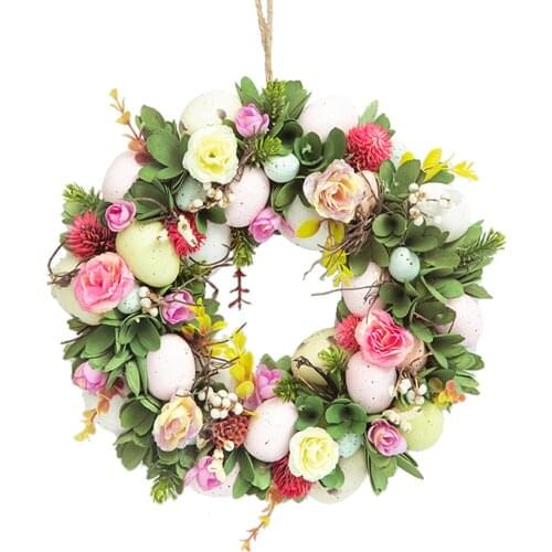 1pc 11" Easter Wreath for Front Door Wall Decor with Colorful Eggs Leaves Flowers Spring Festival Ornaments Gifts for Family