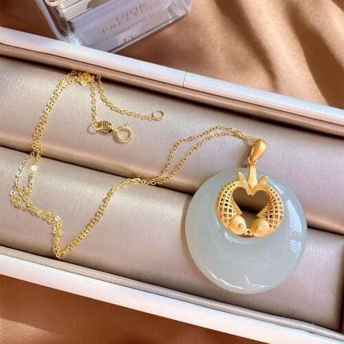Vintage Necklace Female Ethnic Chinese Style Classical Sterling Silver Gilding Pisces Natural Hetian Jade Princess Buckle