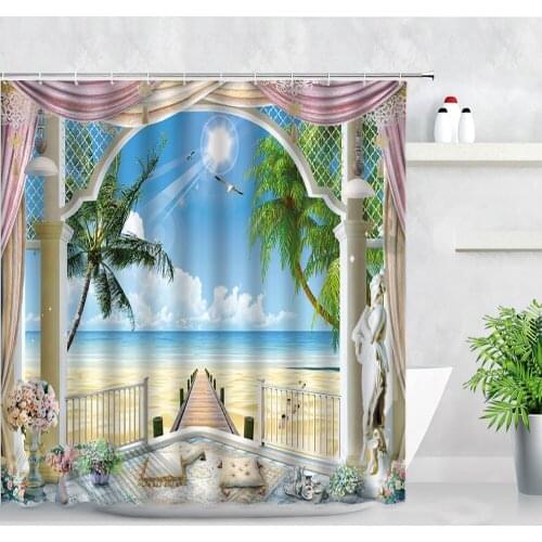 Palm Trees Beach Ocean Shower Curtain Creative Arch Door Flowers Scenery 3D Garden Wall Cloth Waterproof Bathroom Curtains Hooks