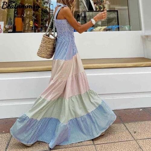 Women Summer Striped Print Sleeveless Patchwork Long Dress Off Shoulder Bow Pleated A Line Loose Boho Beach Maxi Dresses