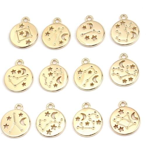10 PCs Constellation Series Zinc Based Alloy Pendant Charms For Jewelry Making Round Gold Color Findings 17mm x 14mm