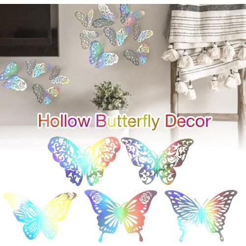 12Pcs Hollow Butterfly Shape Stickers 3D Butterfly Wall Hanging Decals Wedding Decorative DIY Indoor Yard Art Crafts Home Decor