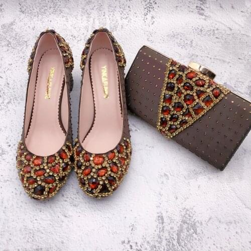 BS1315 Custom Made Women Bridal wedding Shoes Blcok Low Heel Coffee Brown Stones Shoes with Matching Bags Set