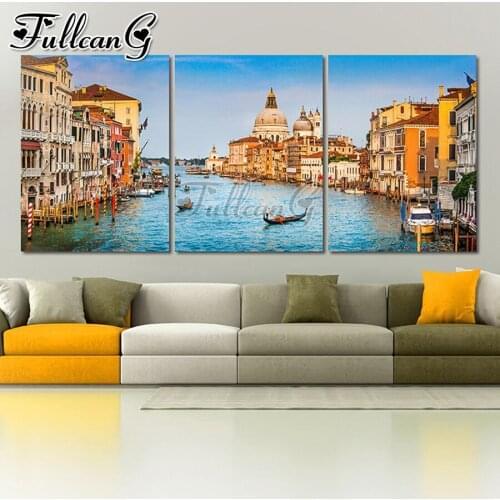 FULLCANG 5d diy diamond embroidery water city scenery diamond painting triptych full square round drill home decoration FC2835