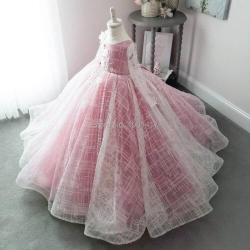 Classic Tulle Flower Girl Dress with Bow Lace Appliques Long Sleeve For Wedding Birthday Ball Gown First Holy Communion Dresses