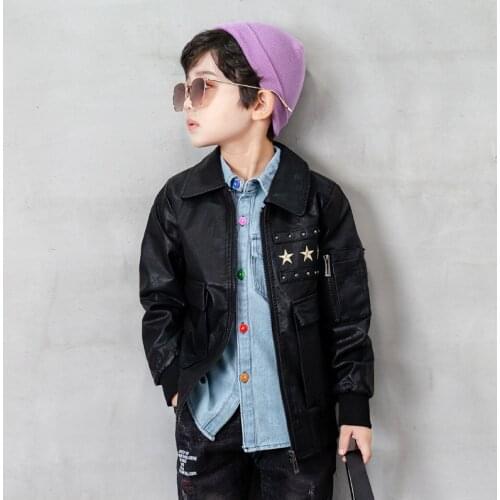 Boys Leather Jackets Children Fashion Spring Autumn Faux Leather Coats Kids Rivets Zipper Jackets