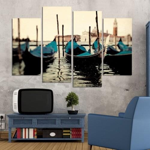 Fashion 4pcs Free Shipping blue boat Seascape Modern Wall Painting Home Decorative Art Picture Paint On Canvas