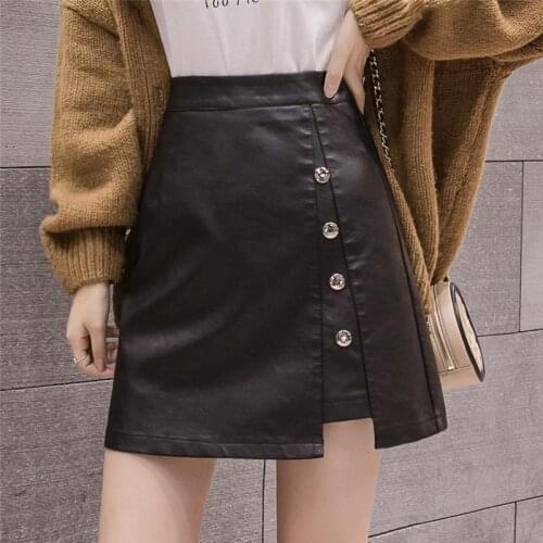 Fashion High Waist A-Line Pu Leather Short Skirts Autumn Winter New Elegant Female Black Korean Sexy Mini Skirt L450