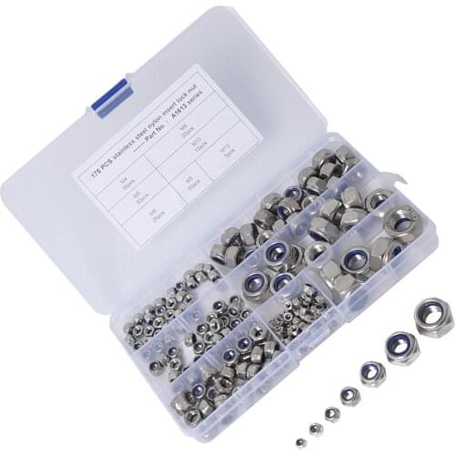 Set Of 175 Stainless Steel M3 M4 M5 M6 M8 M10 M12 Mixed Nylon Insert Lock Hex Nuts