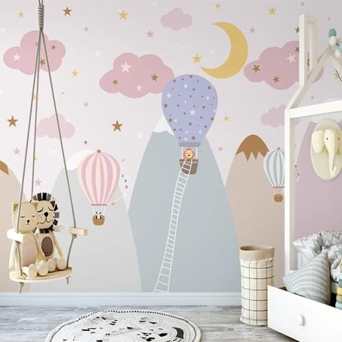 Custom Mural Wallpaper 3D Hand Painted Pink Hot Air Balloon Clouds Starry Sky Childrens Room Fresco Papel De Parede Wall Papers