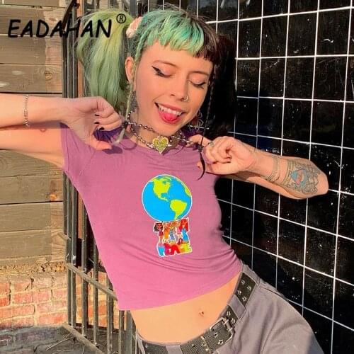 EADAHAN New Womens Sexy Short Sleeve T-shirt Lady Girls Cute Cartoon Printing Tops Casual Tight Hollow Bare Midriff Clothing
