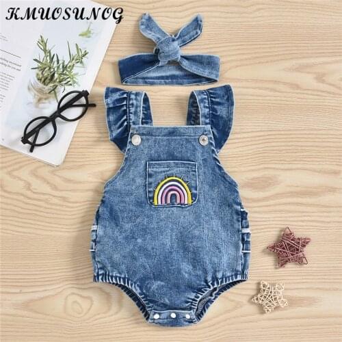 Baby Girl Clothes Shoulder Bandage Bodysuits Baby Overalls Pocket Rainbow Baby Girl Denim Overalls Newborn Rompers With Scarf