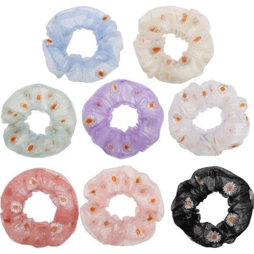 Embroidered Daisy Floral Elastic Hair Bands for Women Gilrs Thin Organza Scrunchies Hair Tie Ponytail Holder Hair Accessories