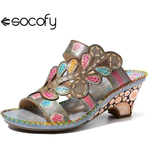 SOCOFY Bohemia Sandals High Heel Handmade Genuine Leather Adjustable Hook Loop Slip On Stitching Sandals Woman Elegant Shoes