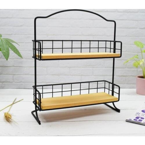 Storage Rack Desktop Retro Products Two-layer Simple Wooden Wrought Iron Storage Rack