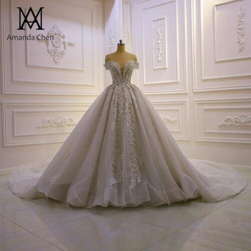 Robe de mariee princesse Off Shoulder Lace Applique Deep V-neck Wedding Dress