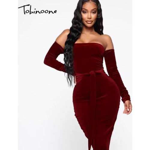 Tobinoone Burgundy Solid Off Shoulder Velvet Party Dress Women 2019 Autumn Long Sleeve Elegant Dress Ladies Christmas Midi Dress