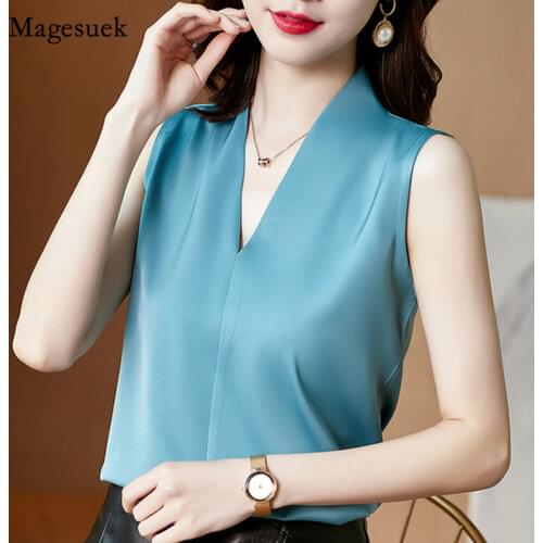 Women Tops Casual Solid Color V Neck Fashion Women Clothing 2021 Summer Sleeveless Satin Shirts Plus Size Lady Shirts 13381