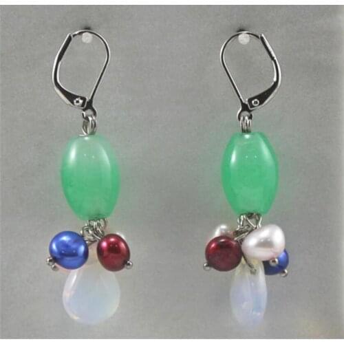 Womens fashion silver plated green Malay jade barrel beads + Pearl Earrings