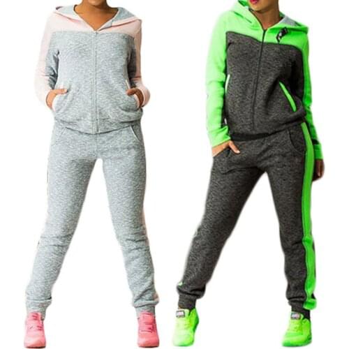 Women Spring And Autumn Contrast Color Two Piece Sports Stitching Hooded Long-sleeve Sports And Leisure Large Size Women Set