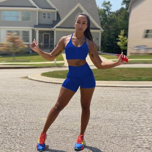 Sexy solid sportswear matching sets women spaghetti strap sport crop tops and high waist biker shorts active workout tracksuits